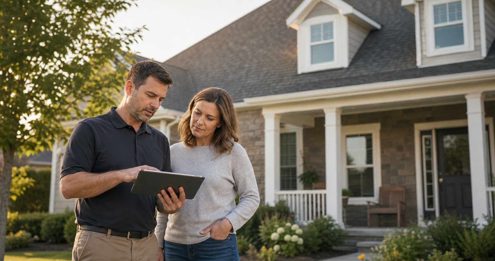 Roofing professional guiding a homeowner