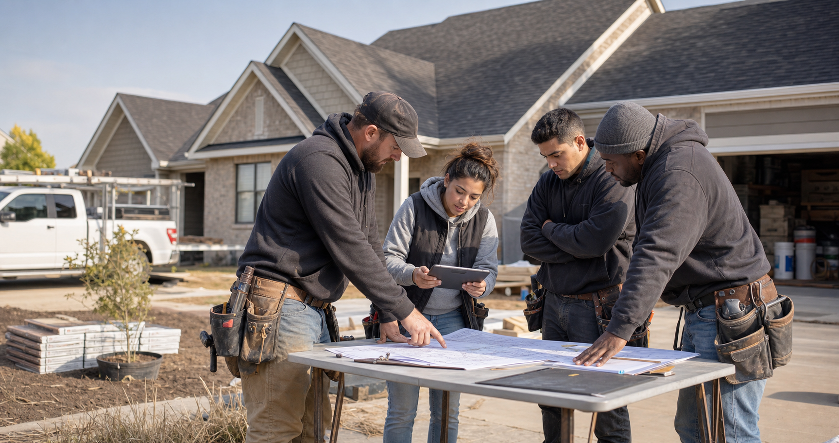 Roofing team reviewing a qualified project